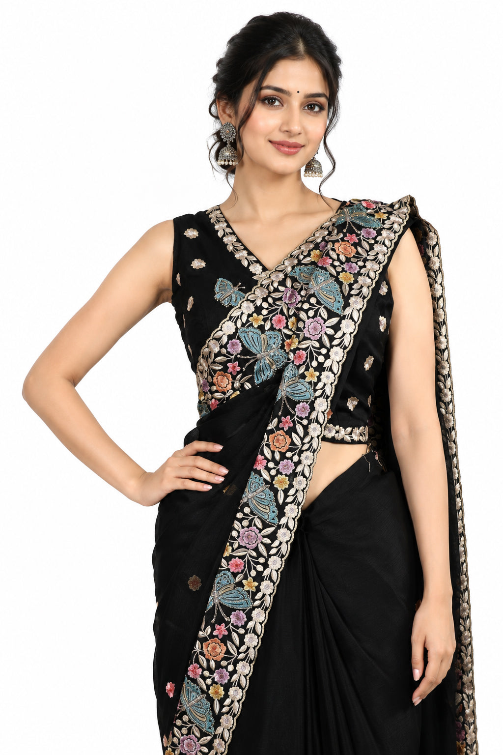 Kashmiri Embroidery Designer Saree with Blouse & Full Sleeve Koti