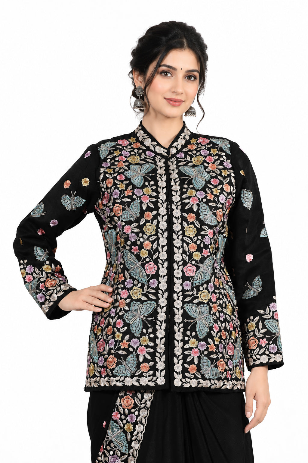 Kashmiri Embroidery Designer Saree with Blouse & Full Sleeve Koti