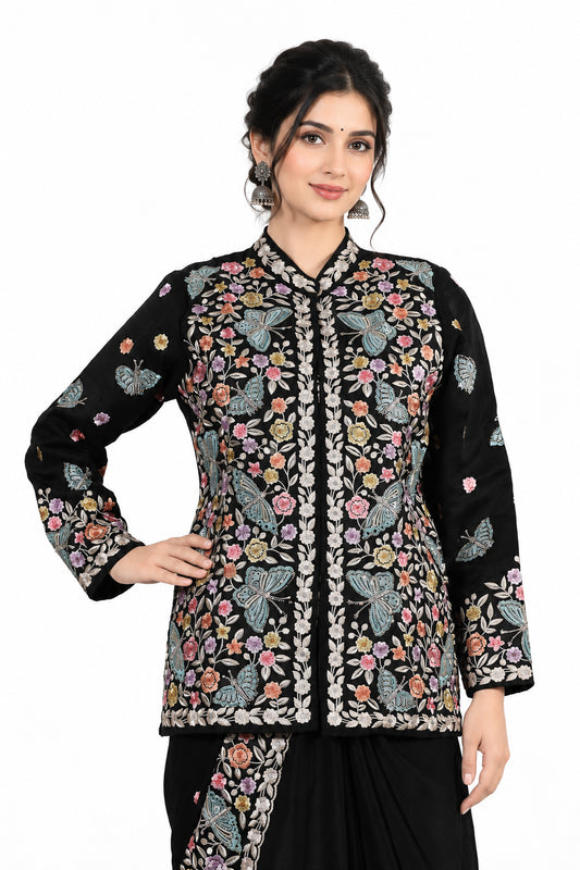 Kashmiri Embroidery Designer Saree with Blouse & Full Sleeve Koti