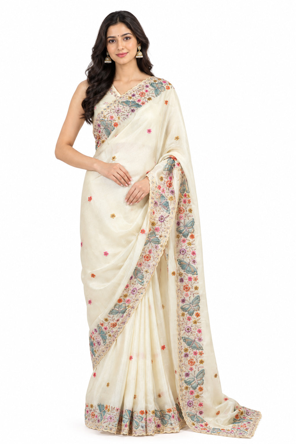 Kashmiri Embroidery Designer Saree with Blouse & Full Sleeve Koti
