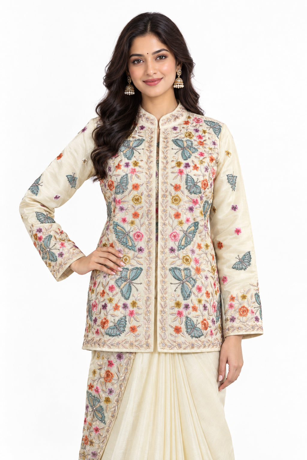 Kashmiri Embroidery Designer Saree with Blouse & Full Sleeve Koti