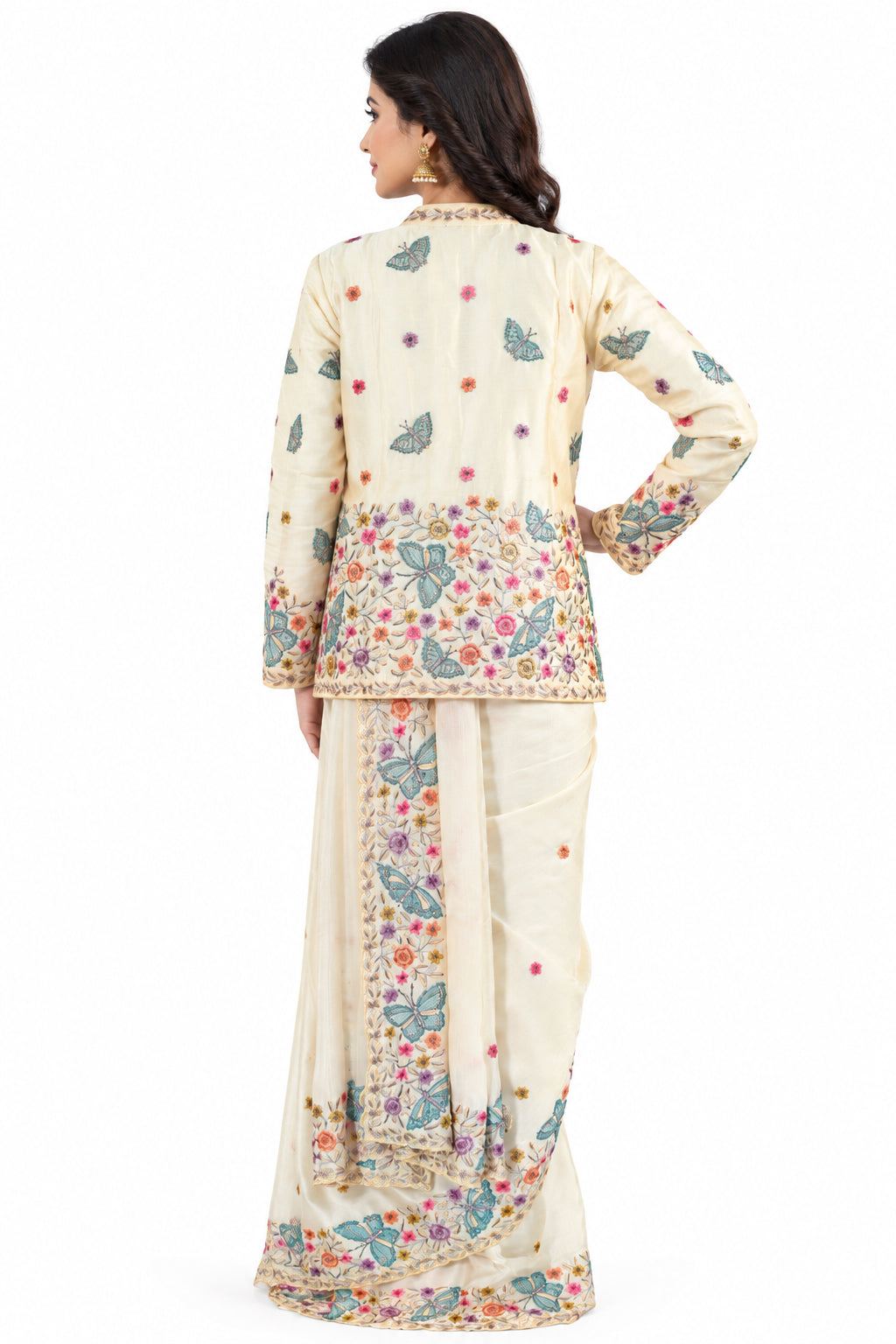 Kashmiri Embroidery Designer Saree with Blouse & Full Sleeve Koti