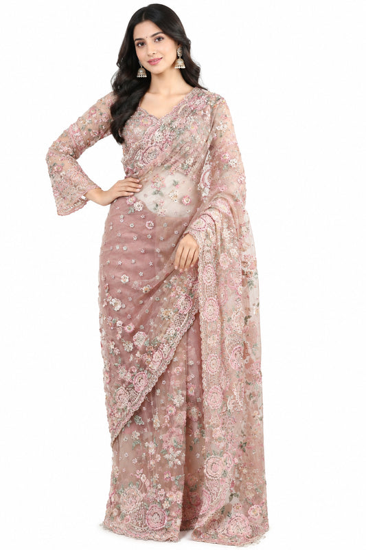 Premium Designer Net Saree with Embroidery, Jerkin Work, Pearl Border & Full-Sleeve Blouse