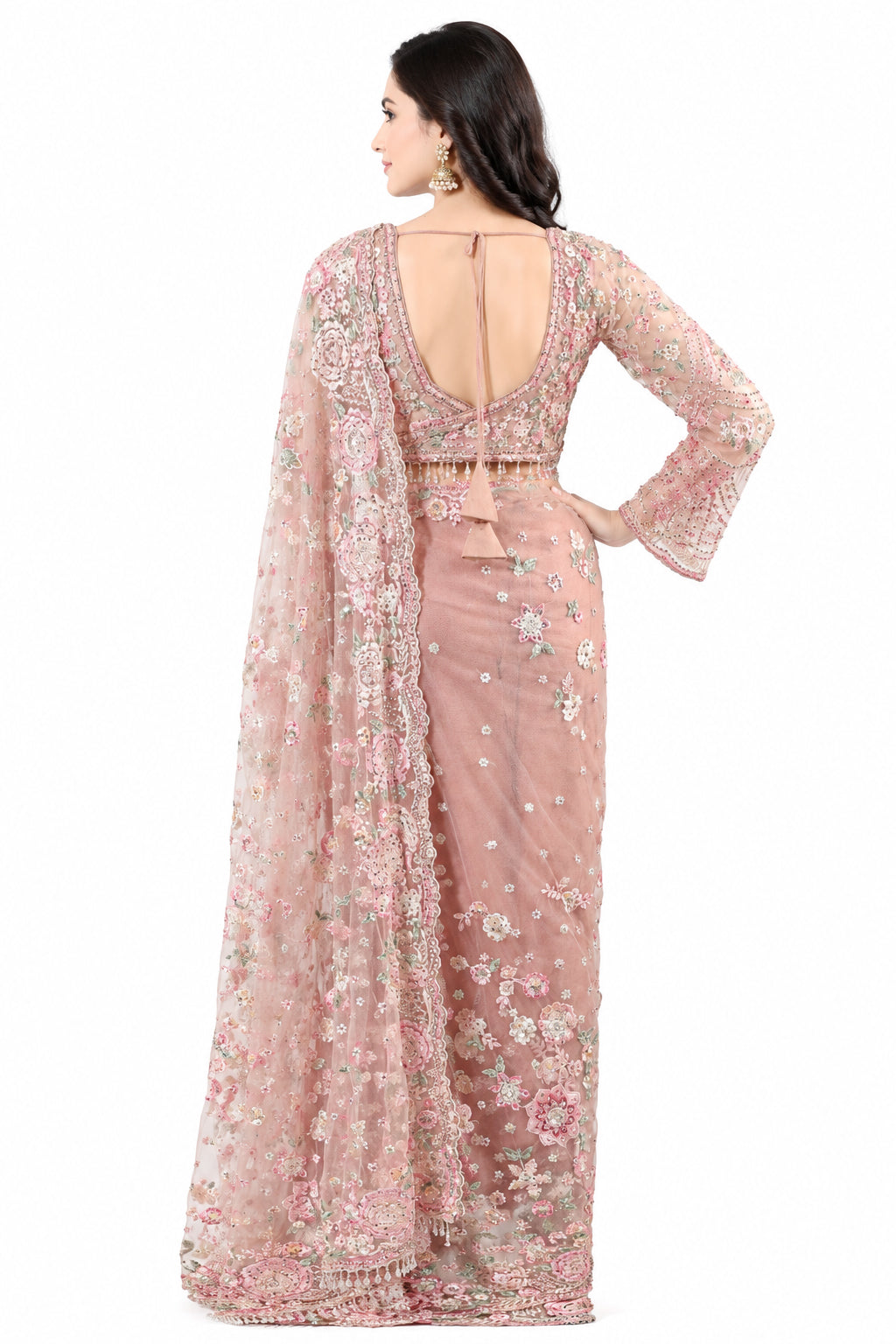 Premium Designer Net Saree with Embroidery, Jerkin Work, Pearl Border & Full-Sleeve Blouse