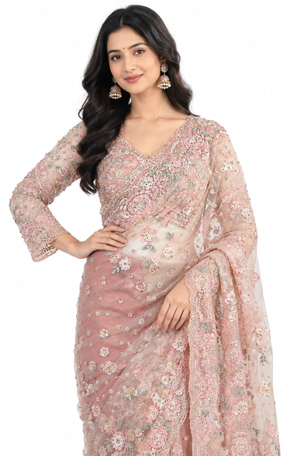 Premium Designer Net Saree with Embroidery, Jerkin Work, Pearl Border & Full-Sleeve Blouse
