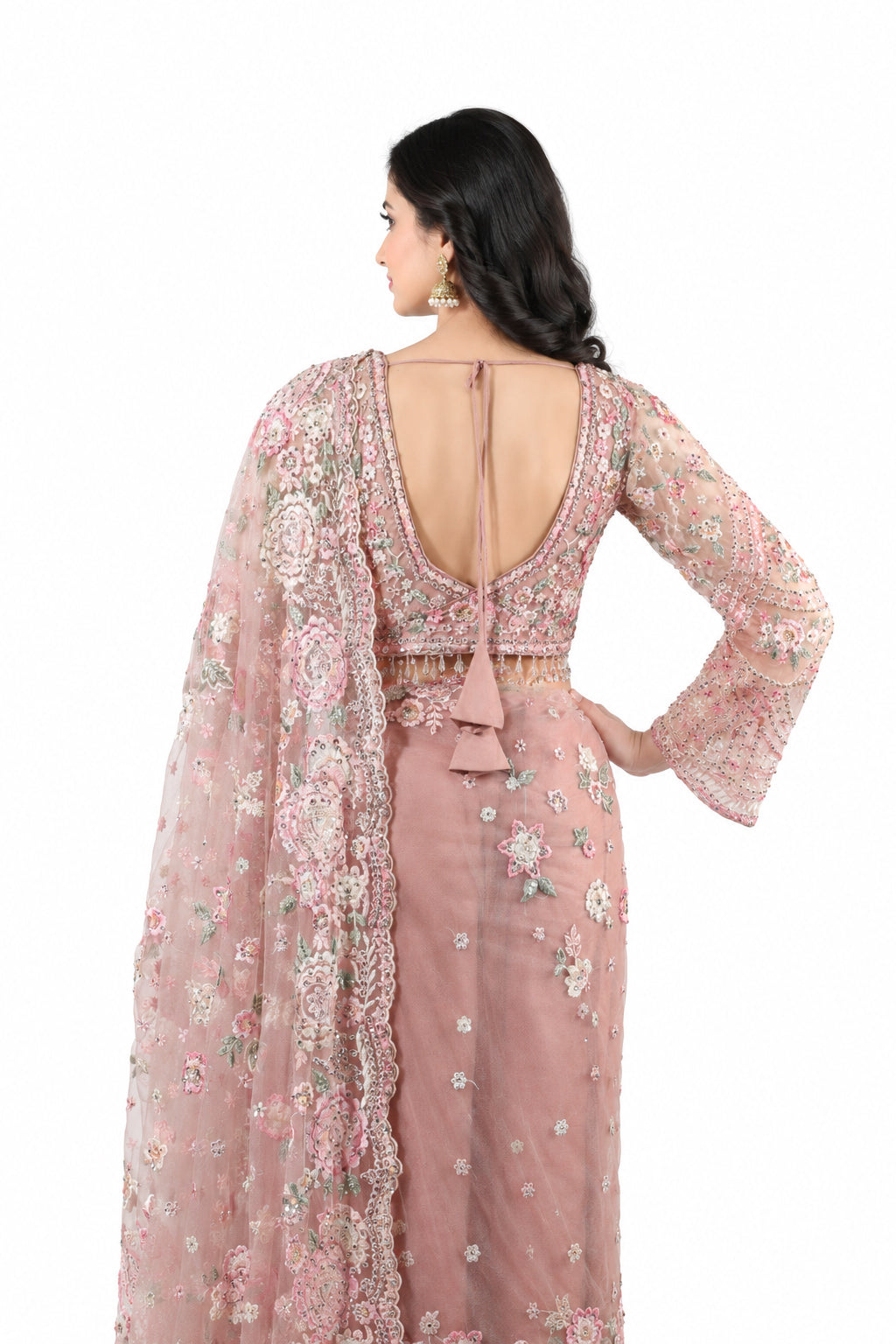 Premium Designer Net Saree with Embroidery, Jerkin Work, Pearl Border & Full-Sleeve Blouse
