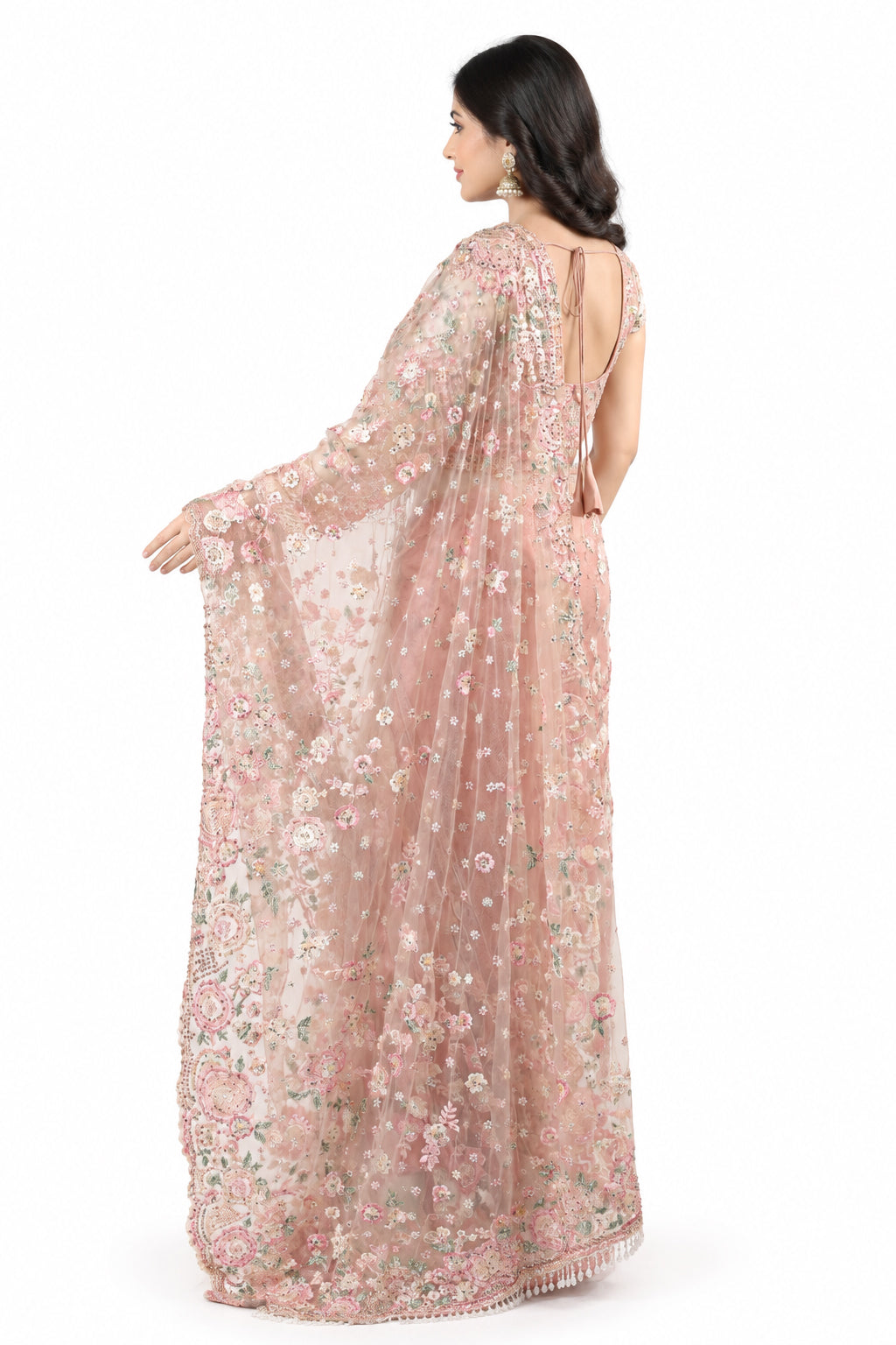 Premium Designer Net Saree with Embroidery, Jerkin Work, Pearl Border & Full-Sleeve Blouse